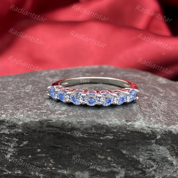 NEW Certified 3mm Royal Blue Moissanite 7 Stone Half Eternity Band Ring - Picture 4 of 11